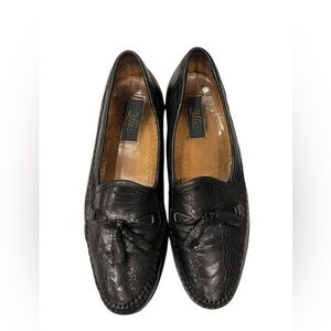ZELLI OSTRICH LEG LEATHER BROWN TASSELS MEN LOAFERS SLIP ON BLACK SZ 9.5 M